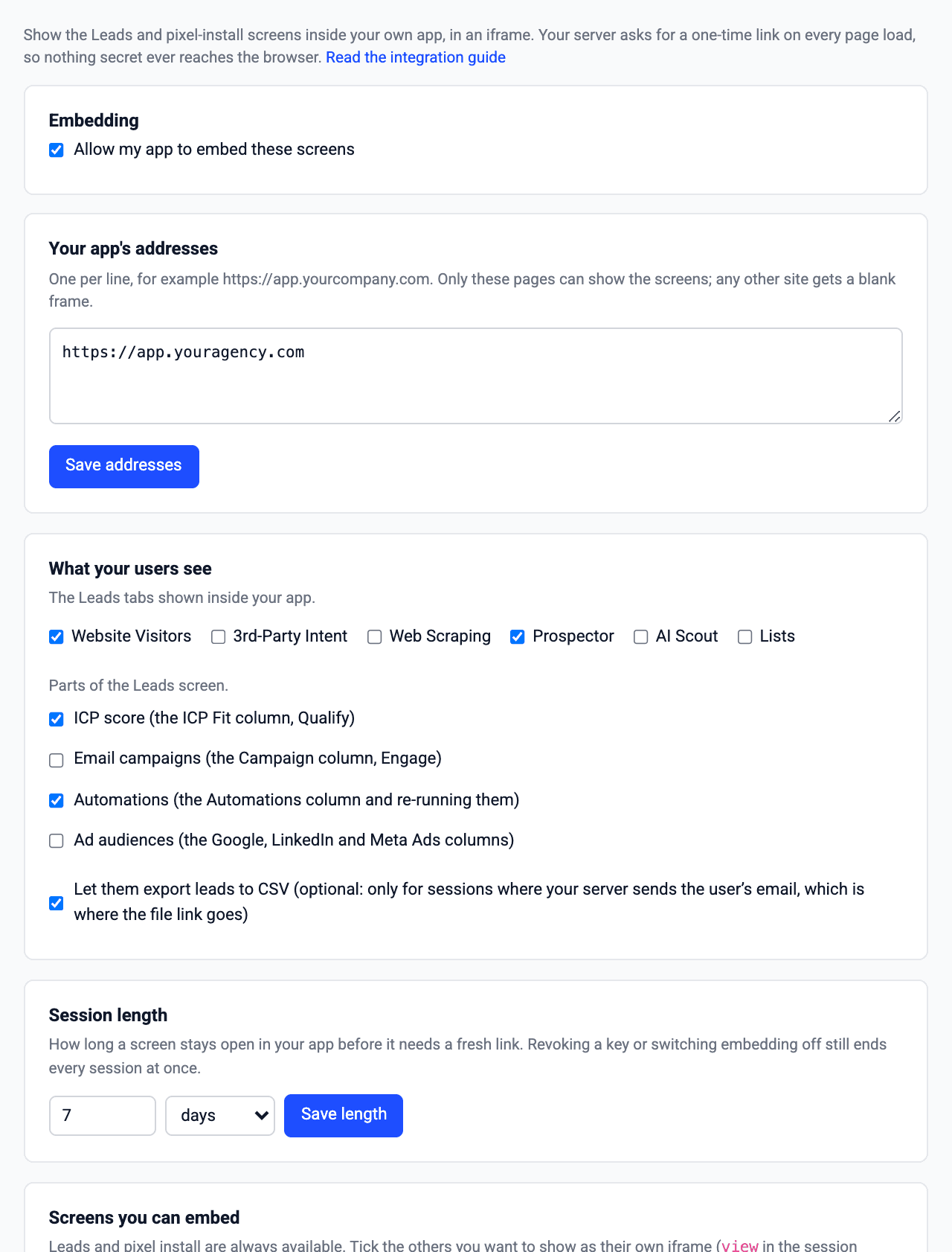 Account settings → White label → Embed in your app