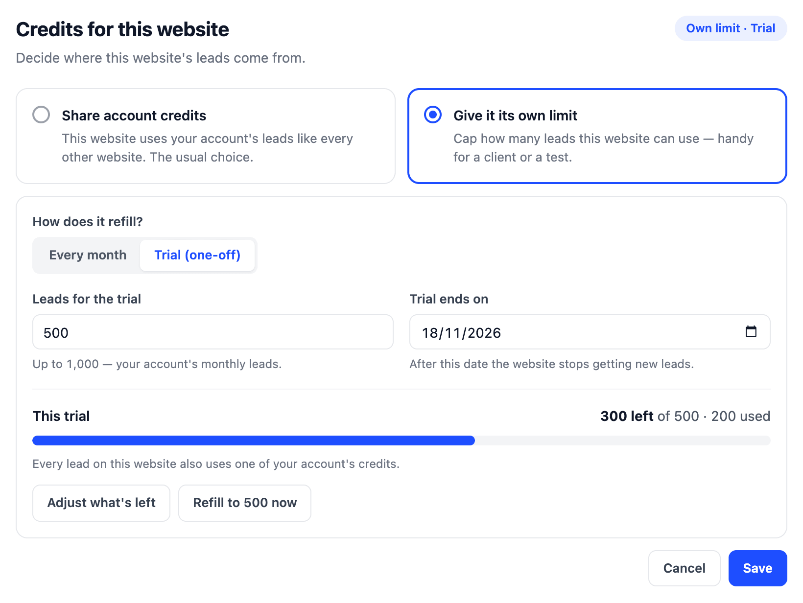 Trial in Website settings